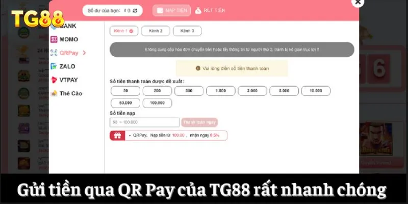 Nạp Tiền TG88 3 Gửi tiền qua QR Pay của TG88 rất nhanh chóng